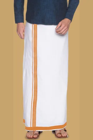 WHITE HEART Men Pure Cotton Single Layer Dhoti with Coloured Border