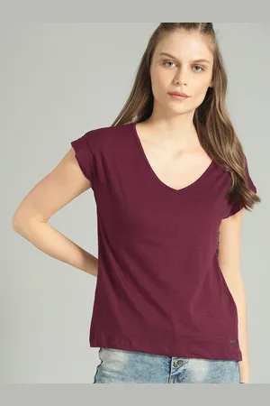Roadster Women Burgundy Solid V-Neck Pure Cotton T-shirt