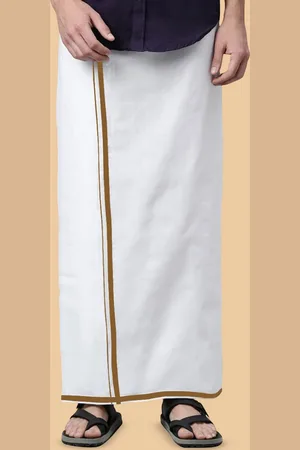WHITE HEART Men Pure Cotton Single Layer Dhoti with Coloured Border