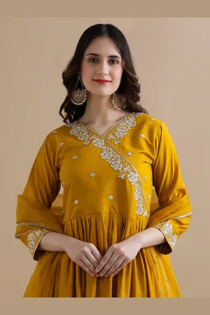 Jaipur Women Ethnic Motifs Embroidered Angrakha Chanderi Cotton Kurta with Trousers & With Dupatta