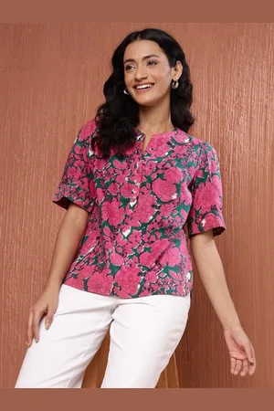 Fabindia Floral Print Mandarin Collar Cotton Shirt Style Top