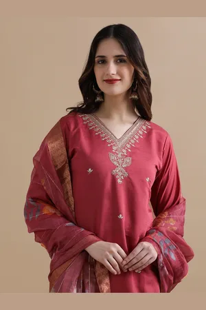 Jaipur Women Ethnic Motifs Embroidered Regular Thread Work Chanderi Cotton Kurta with Trousers & With