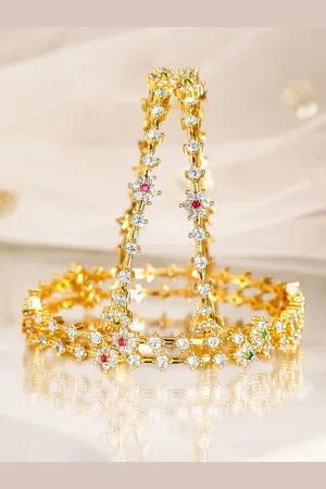 Rubans Set Of 4 22 K Gold Plated Ruby, Emerald & CZ-Studded Bangles