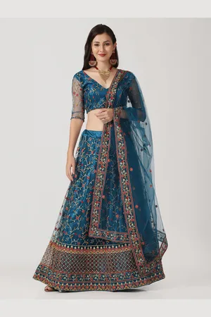 Atsevam Turquoise Blue & Pink Embroidered Semi-Stitched Lehenga & Unstitched Blouse