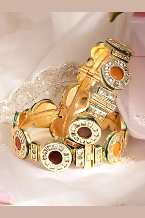 Rubans Set of 2 22K Gold Plated Multicolor Gemstone Kundan Studed with Green Border Bangle
