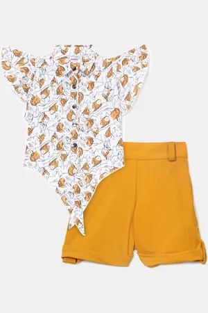 V-Mart Unisex Kids Mustard & White Printed Shirt with Shorts