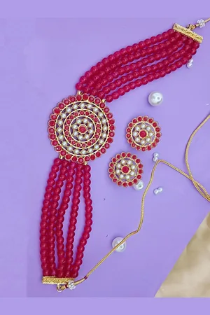 EVY Gold Plated Artificial Stones Studded and Beaded Choker Necklace With Earrrings
