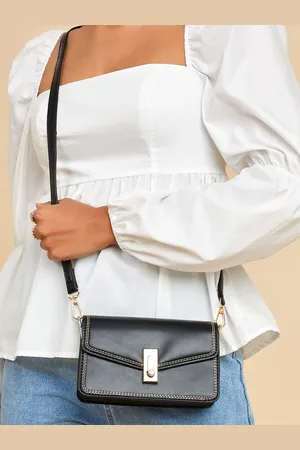 Styli Women Solid Structured Sling Bag With Stitched Gold Detail