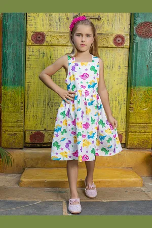 Jilmil Girls Conversational Printed Square Neck Cotton Fit & Flare Dress