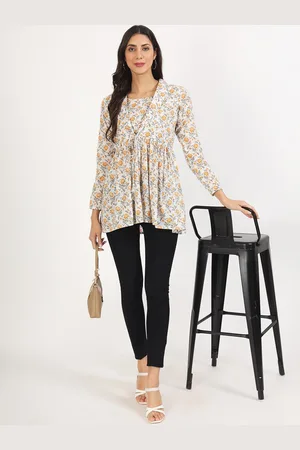 Kalini Floral Printed V-Neck Gathered Cotton A-Line Top