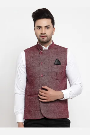 KLOTTHE Men Maroon Woven-Design Nehru Jacket
