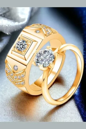 Myki Set of 2 gold-Plated Stainless Steel Cubic Zirconia-Studded Couple Finger Rings