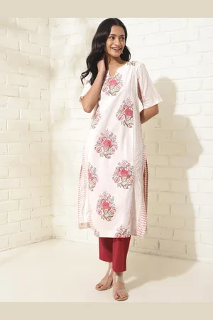 Fabindia Floral Printed Round Neck Three-Quarter Sleeves Cotton Kurta