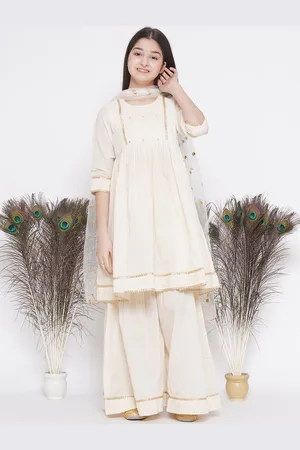 Little Bansi Girls Regular Thread Work Pure Cotton Kurta With Sharara & Dupatta