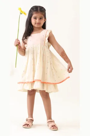 Jilmil Girls Woven Design Layered square Neck Cotton Fit & Flare Dress