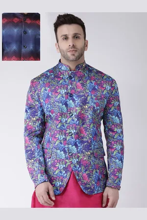 Hangup Men Blue & Pink Printed Reversible Bandhgala Blazer
