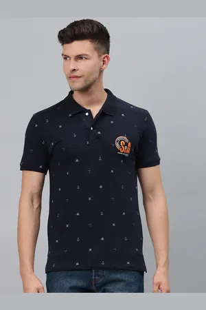 Pierre Carlo Men Navy Blue Geometric Printed Polo Collar Applique T-shirt