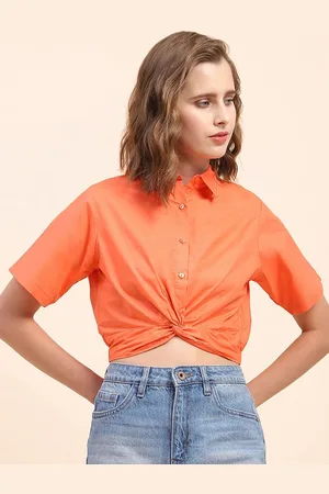 CAMLA Shirt Collar Short Sleeves Style Cotton Twisted Crop Top