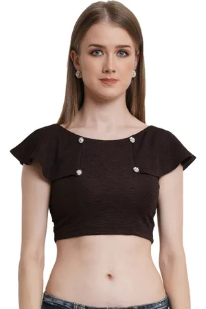 Popwings Women Brown Solid Round Neck Crop Top
