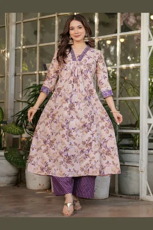 Kalini Floral Printed V-Neck Pleated Pure Cotton A-Line Kurta With Trouser & Dupatta