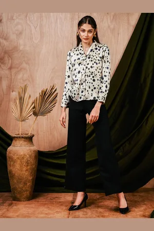 MISH Women Cuban Collar Polka Dots Printed Satin Casual Shirt