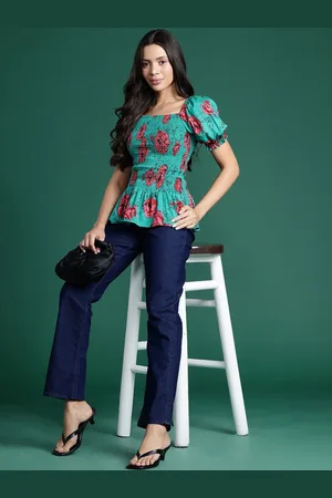 DressBerry Women Floral Print Puff Sleeve Peplum Top