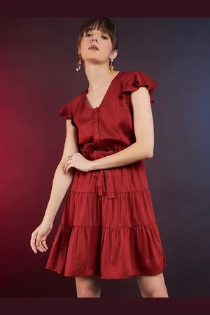 DressBerry Red Flutter Sleeve Belted Tiered Fit & Flare Dress