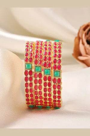 Rubans Set of 4 22K Gold-Plated Ruby and Emerald Gemstones Studded Bangles