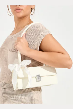 Styli Off White Shinny Textured Structured Shoulder Bag With Scarf Detail