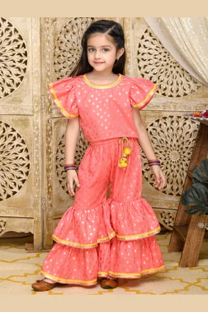 SAKA DESIGNS Girls Peach-Coloured Floral Embroidered Tiered Kurti with Sharara & With Dupatta
