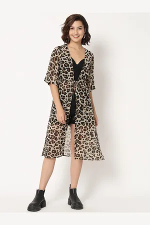 CHARMGAL Women Animal Printed Longline Georgette Tie-Up Shrug