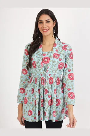 Kalini Floral Printed V-Neck Gathered Cotton A-Line Top