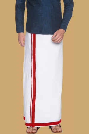 WHITE HEART Men Pure Cotton Single Layer Dhoti with Coloured Border
