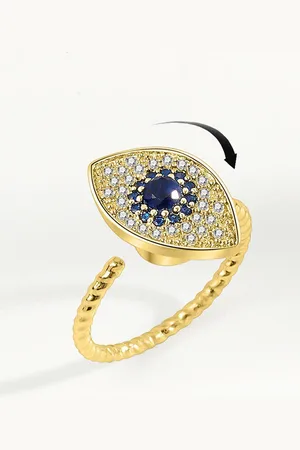 Myki Gold-Plated CZ-Studded Rotating Cute Evil Eye Stainless Steel Finger Ring