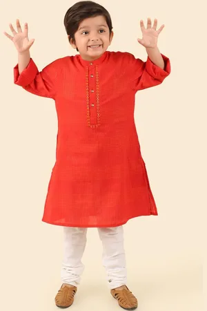 Fabindia Boys Geometric Printed Thread Work Mandarin Collar Cotton Straight Kurta