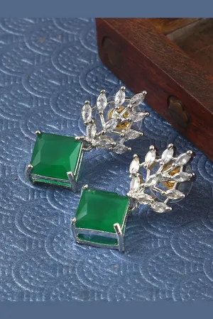 Jewar Mandi Silver Plated Leaf Shaped Cubic Zirconia Drop Earrings