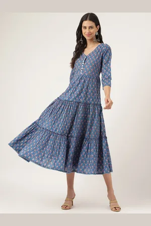 Kalini Floral Printed Cotton Fit & Flare Midi Ethnic Dress