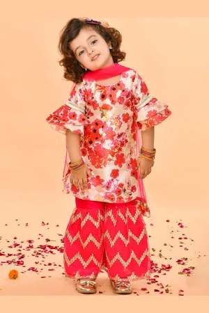 SAKA DESIGNS Girls Bell Sleeves Floral Printed Kurta with Sharara & Dupatta