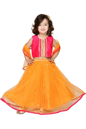 SAKA DESIGNS Girls Pink & Orange Embellished Ready to Wear Lehenga & Blouse, Dupatta