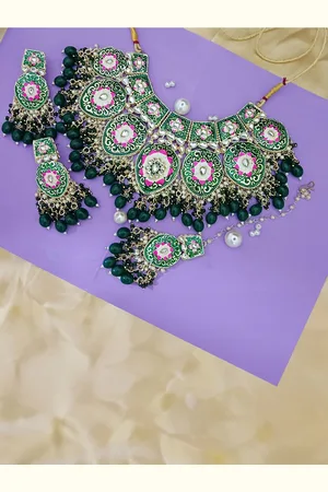 EVY Gold-Plated Artificial Stones Studded and Beaded Meenakari Necklace With Earrings
