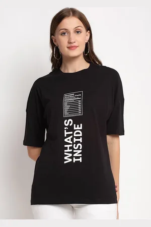 DOOR74 Women Black Printed Round Neck T-shirt