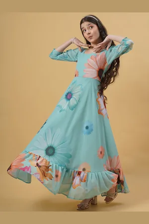 Kedar Fab Girls Floral Printed Georgette Maxi Dress