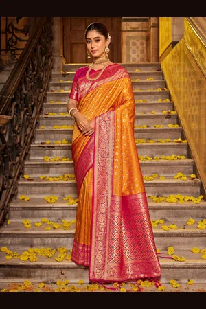 SANGAM PRINTS Ethnic Motifs Woven Design Zari Silk Blend Banarasi Saree