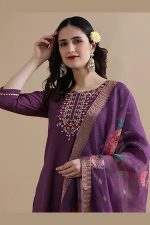 Jaipur Women Ethnic Motifs Embroidered Regular Thread Work Chanderi Cotton Kurta with Trousers & With