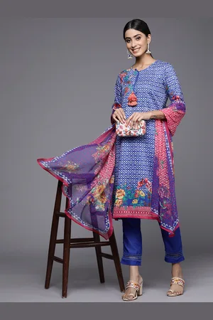 Biba Women Blue Printed Kurta with Trousers & With Dupatta
