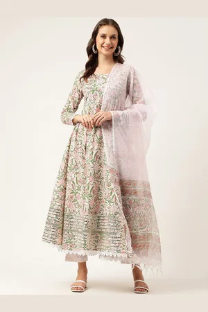 Kalini Floral Printed Pure Cotton Anarkali Kurta & Trousers With Dupatta