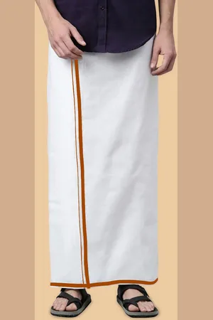 WHITE HEART Men Pure Cotton Single Layer Dhoti with Coloured Border