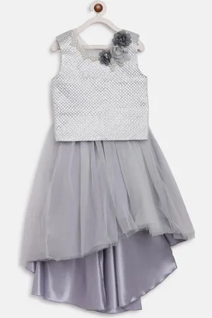 BUTTERFLY Girls Grey & Silver-Toned Embellished Top with Skirt