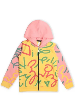earth conscious Girls Abstract Printed Hooded Cotton Front-Open Sweatshirt