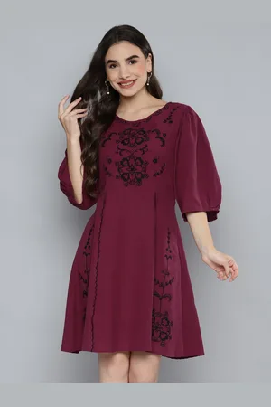 Scouph Burgundy & Black Ethnic Motifs Embroidered Linen Blend A-Line Dress